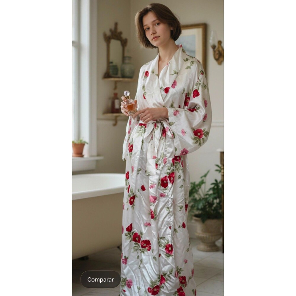 Oscar de la Renta Pink Label Floral Satin Long Robe White Red Belted Women's M